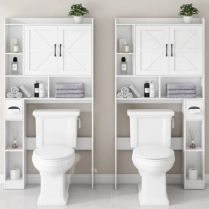 Over The Toilet Storage Cabinet, Farmhouse Storage Cabinet Over Toilet with 2 Barn Door & Toilet Paper Holder Stand, Home Space-Saving Rack, for Bathroom, Restroom (White). - ModernBath