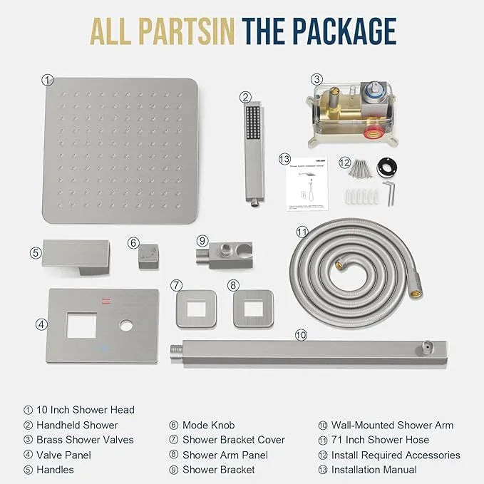FPXRNG Shower Faucet Set Bathroom Square Rain Shower Head and Handle Set, Wall Mounted Shower Fixtures, Full Metal Trim Repair Kit 10 inch Brushed Nickel (With Shower Valve) - ModernBath