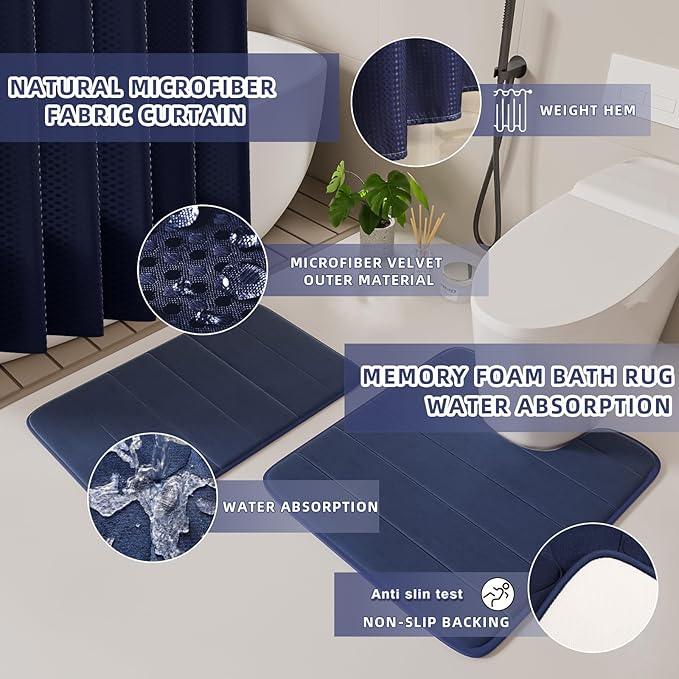 XLHOMO Bathroom Set - 25PC Blue Bathroom Set with Shower Curtain and Rugs, Bathroom Accessories Set, Blue Shower Curtain Set with Bathroom Trash Can - ModernBath