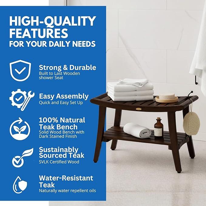 DecoTeak Harmony 30 Inch Brown Waterproof Teak Wood Shower Bench | Provides Safety, Storage, and Organization for Bathroom Accessories - ModernBath