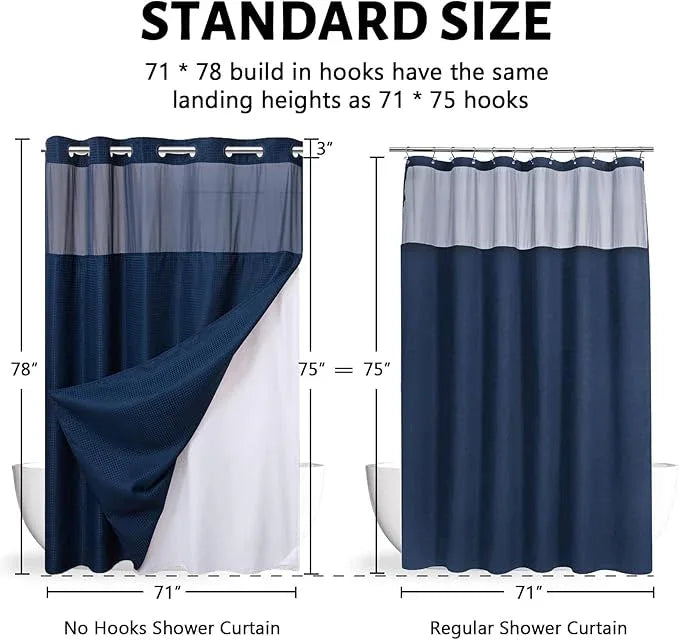 Furlinic No Hook Waffle Weave Shower Curtain with Snap in Fabric Liner Set,Heavy Duty Textured Bathroom Curtain with See Through Window,Waterproof & Machine Washable,Navy Blue,71x78 Inch - ModernBath
