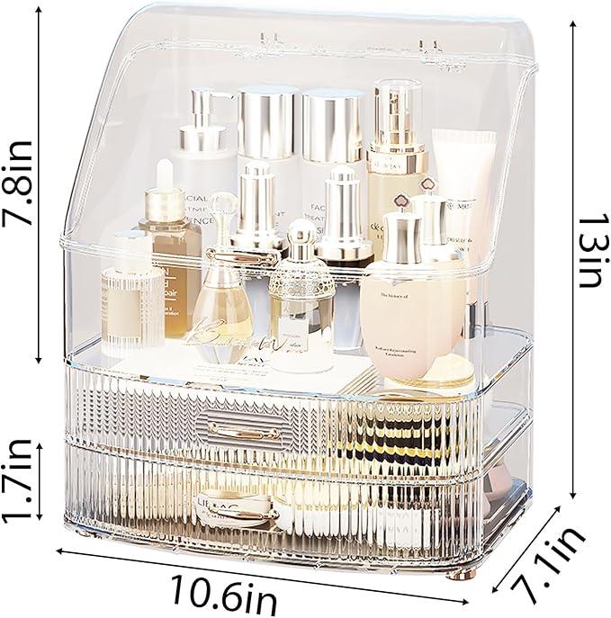 Plukers Makeup Organizer Countertop Vanity with Transparent Lid Drawers Waterproof Dustproof Cosmetic Skincare Bathroom Storage Gift for Women Teens Girls (Clear Whtie) - ModernBath