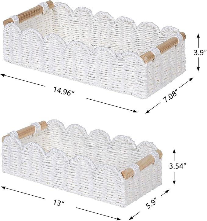 CubesLand Decorative Toilet Paper Storage Basket, Modern Farmhouse Home Decor Basket for Organizing, Scalloped Pantry Baskets for Shelves, Countertop, Living Room, w/Wood Handles, White 2 Sizes - ModernBath