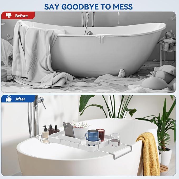 Bathtub Tray for Large Soaking Tub Table Tray Expandable Tub Shelf for Bathtub Caddy Bath Shelf Over Tub Luxury Bath Board Book Holder with Removable 2 Cup Holder Phone Metal Shower Caddy Basket White - ModernBath