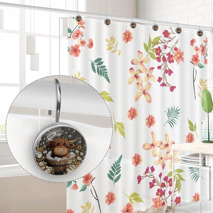 Rural Farmhouse Bathing Highland Cow Shower Curtain Hooks, 12Pcs Decorative Rust Resistant Shower Rings for Shower Curtain Rods, Stainless Steel Round Curtain Hooks for Bathroom, Bedroom - ModernBath