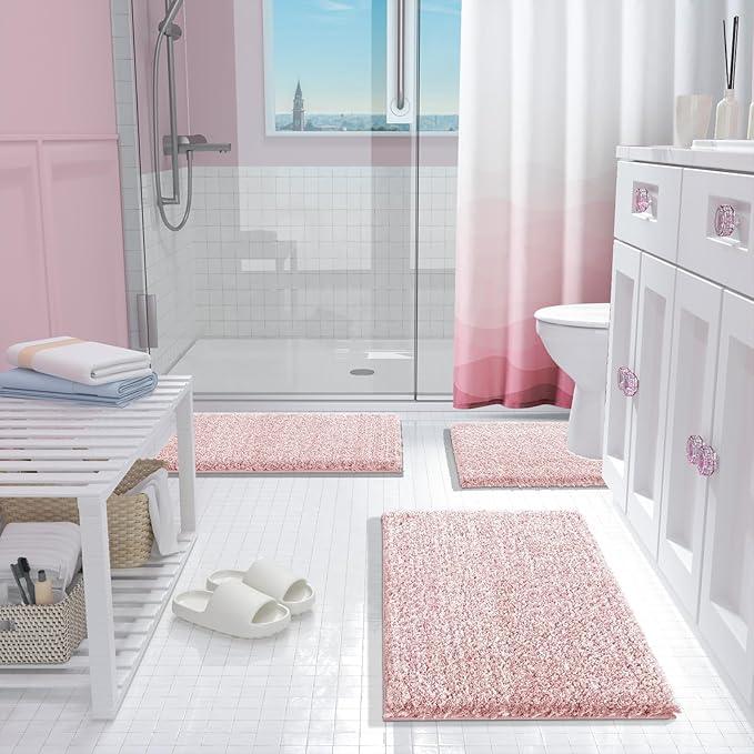 Yimobra Bath Rugs For Bathroom 32x20, Ultra Soft and Water Absorbent Bath Mats, Non Slip Plush Shower Mat Outside, Microfiber Thick Matts for Bathroom Floor/Tub, Machine Washable, Light Pink and White - ModernBath