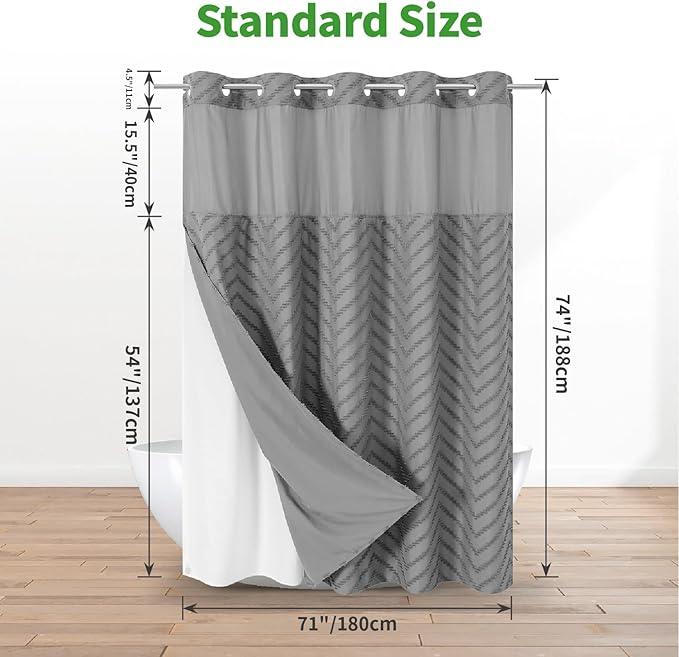 eachope No Hook Tufted Chevron Striped Shower Curtain with Snap-in Fabric Liner set-71Wx74H(72H),Grey Hotel Grade Boho Style Shower Curtain with See Through Top Window,Water Repellent - ModernBath