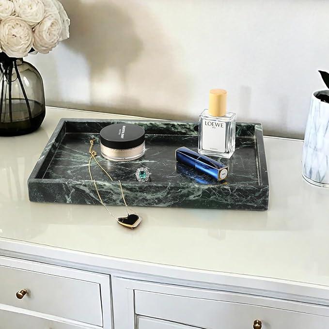 Koville Natural Marble Tray, 12x8“ Coffee Table Vanity/Decorative Tray for Jewerly, Watch, Perfume Candle Storage for Bedroom/Bathroom/Kitchen Countertop(Indian Green Marble) - ModernBath