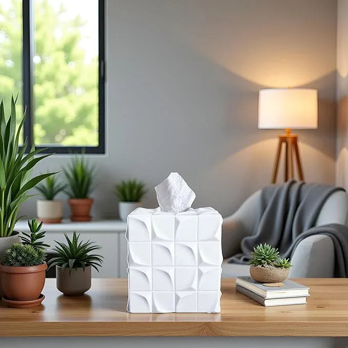 Huitony Square Tissue Box Cover Decorative Kleenex Box Holder for Bathroom & Living Room with Handcrafted Texture (White) - ModernBath