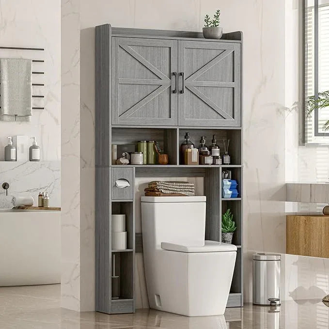 Over The Toilet Storage Cabinet, Farmhouse Toilet Cabinet Rack with Barn Doors, Space Saving Bathroom Organizer with Shelves, Toilet Paper Holder and Towel Rack for Bathroom,Restroom,Laundry,Wash Grey - ModernBath