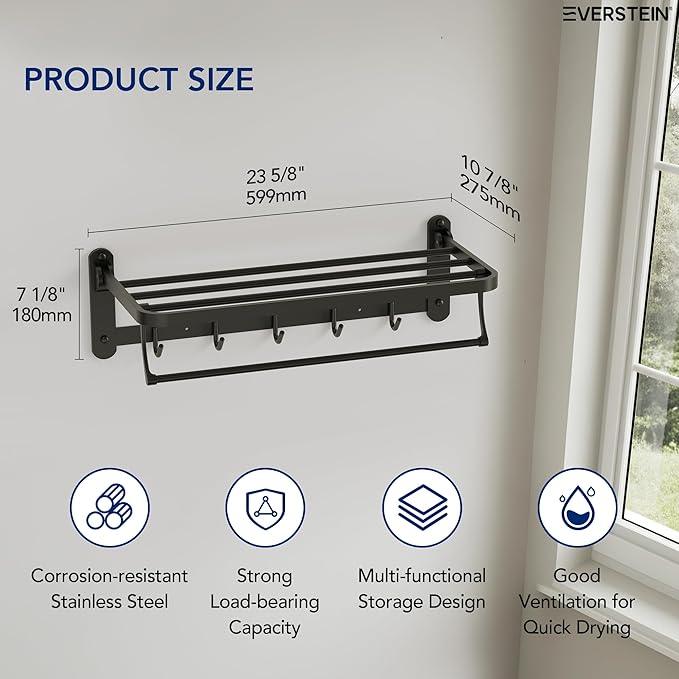 Bathroom Towel Rack with Storage Shelf and 5 Hooks, 23.6 in Foldable Towel Shelf Bar, Wall Mounted Lavatory Organizer，Matte Black - ModernBath
