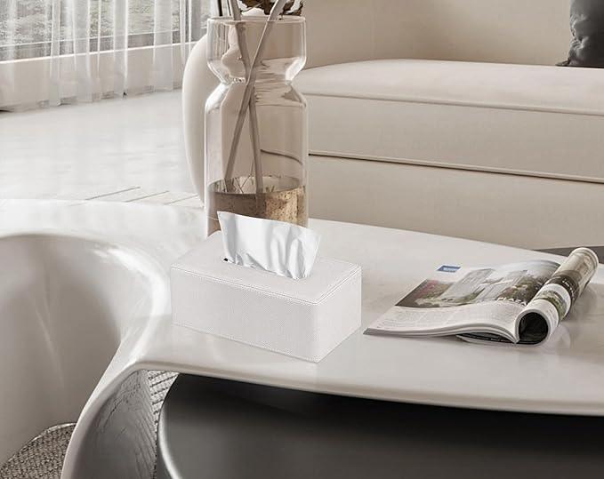 GOLRANLYE Tissue Box Cover Rectangular 9.8"(L) x 5.3"(W) x 4.3"(H) Refined Modern PU Leather Facial Tissue Dispenser Box Holder for Dresser Bathroom Decorative (Linen Beige) - ModernBath