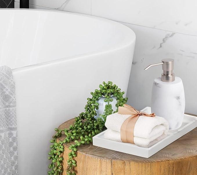 Clasin Home Resin Soap Dispenser Set 2, Refillable Hand Soap Dispenser with White Marble Look and Metallic Pump, Kitchen, Bathroom, Waterproof Labels (12 Oz) - ModernBath