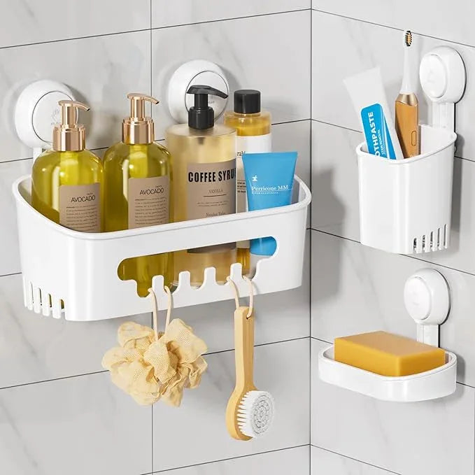 LEVERLOC Shower Caddy Suction Cup Set Shower Organizer & Soap Holder & Toothbrush Holder, Bathroom Shelf Basket NO-Drilling, Removable Suction Storage Waterproof Bathroom Caddy, White - ModernBath