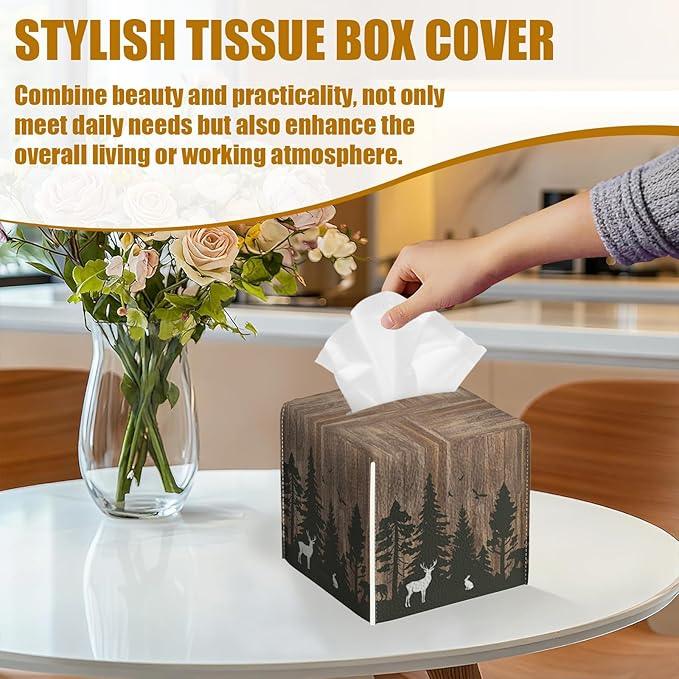 Deer Forest Wood Grain Tissue Box Cover 2PCS, Leather Tissue Box Holder Square Facial Paper Case Tissue Box Cube Organizer for Bathroom Bedroom Desk Office - ModernBath