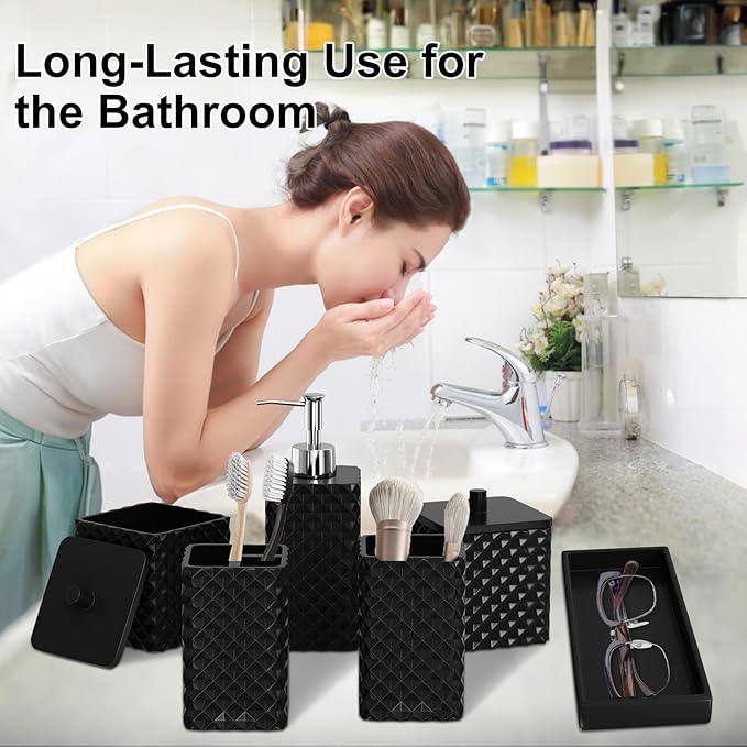 Bathroom Accessories Set Resin 6PCS, Square Toothbrush Holders Set Complete with Soap Dispenser, Vanity Tray, Tumbler, Cups and Cotton Swab Jars (Black Diamond, Resin Bath 6 PCS) - ModernBath