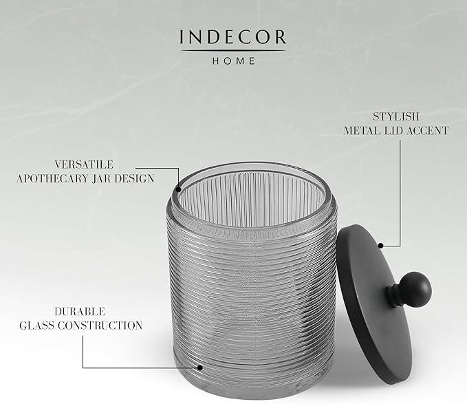 Indecor Home Gray Colored Tranlucent Apothecary Ribbed Geo Etched Glass Jar W/Matte Black Metal Lid Cover for Bathroom Organization, Cotton Balls, Q Tips, and Small Accessories, Bathroom Storage - ModernBath