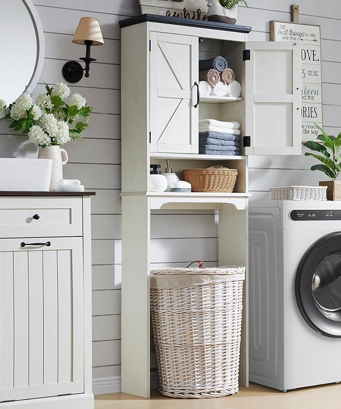 ACCOHOHO Over The Toilet Storage Cabinet, Farmhouse Bathroom Cabinet with Adjustable Shelf & Barn Door, 67" Tall Over The Toilet Shelf, Off White - ModernBath