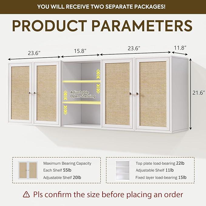 Kitchen Wall Cabinets,Rattan Wall Mounted Laundry Cabinets with Adjustable Shelf, Floating Hanging Storage Cabinet for Laundry Room, Bathroom, Kitchen,63" W x 11.8" D x 21.6" H - ModernBath
