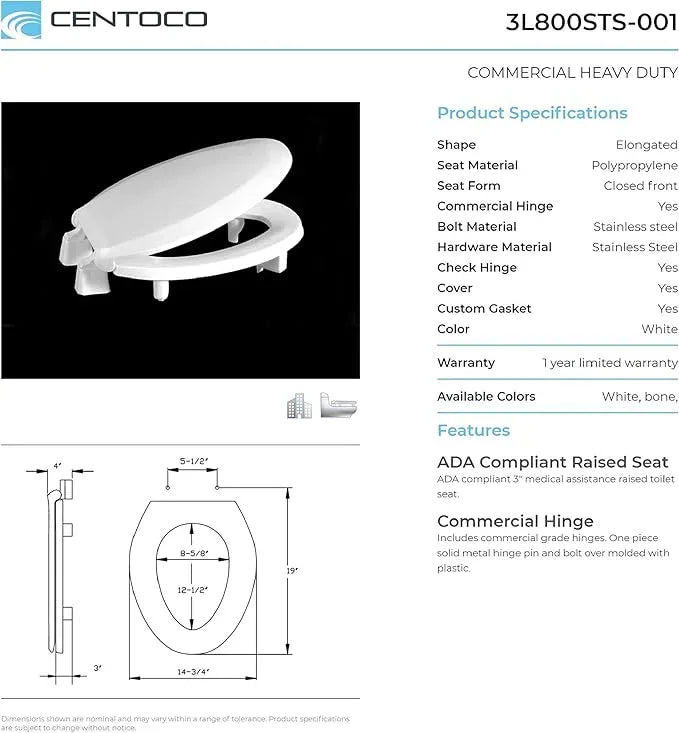 Centoco 3 inch Raised Toilet Seat for Seniors, Elongated, Closed Front with Cover, Plastic, Made in the USA, 3L800STS-001, White - ModernBath