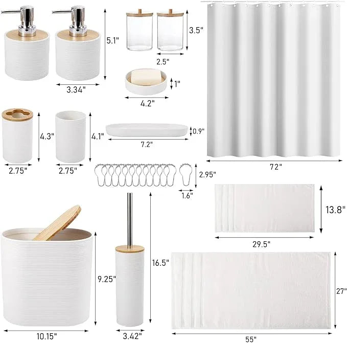 XLHOMO White Bathroom Set, White Bathroom Accessories Set with Shower Curtain, Bath Towel Set, Trash Can, 2PCS Soap Dispensers, Soap Dish, Toothbrush Holder and Cup,Toilet Brush for Bathroom Decor - ModernBath