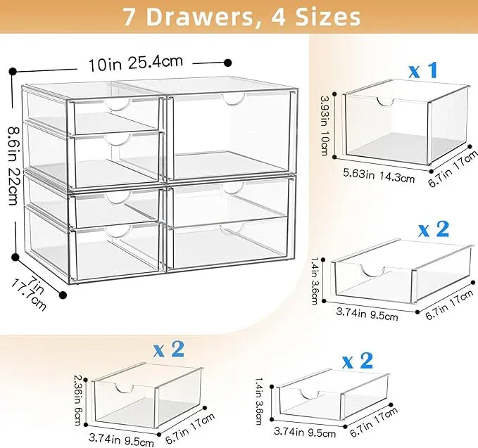 YFXCVSL Clear Stackable Storage Drawers, Acrylic Makeup Organizer with 7 Drawers, Bathroom Organizers and Storage, Plastic Bins for For Vanity, Undersink, Kitchen Cabinets, Pantry - ModernBath