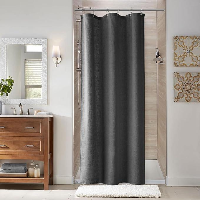 Naturoom Dark Grey 42 Inch Shower Curtain - Stall Narrow Half Linen Ultra Thick Fabric Shower Curtain Set with Hooks, Boho Farmhouse Rustic RV Camper Bath Curtains for Bathroom, 42x72 - ModernBath