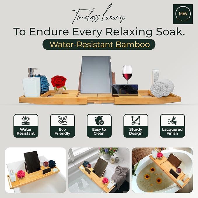 Luxury Foldable Bamboo Bathtub Tray - Wine Glass and Tablet Holder, Spa Bath Caddy for Relaxation, Gifts for Her, Him, Couples, Adjustable and Waterproof, Perfect for Birthdays, Weddings, Housewarming - ModernBath