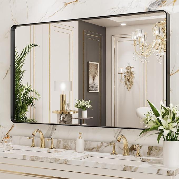 LOAAO 50X30 Inch Black Metal Framed Bathroom Mirror for Wall, Matte Black Bathroom Vanity Mirror Farmhouse, Large Rounded Rectangle Mirror, Anti-Rust, Tempered Glass, Hangs Horizontally or Vertically - ModernBath