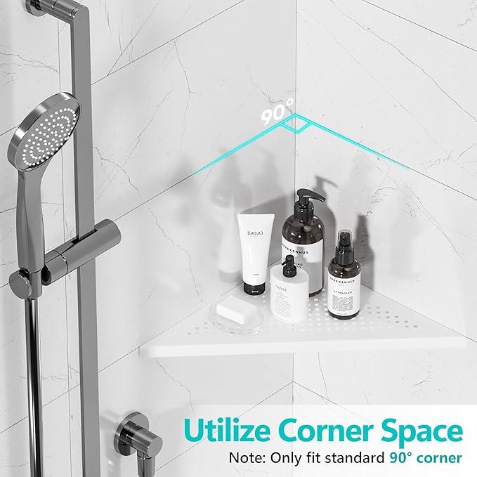 Bathroom Corner Shelf, Recessed 12" Shower Shelf Caddy, SUS304 Stainless Steel Shelf Wall Mount Triangular, No Drilling, Matte White - ModernBath