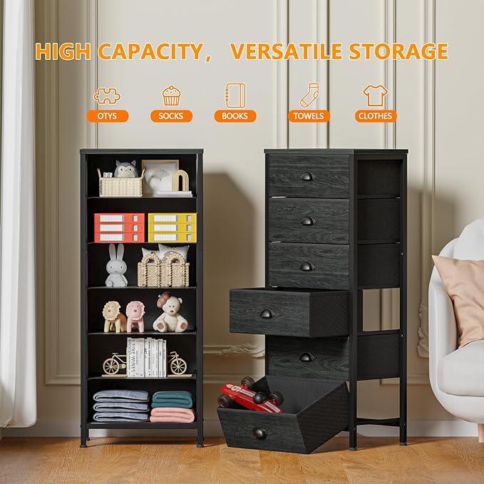 Furnulem Tall Dresser with 6 Drawers,Vertical Bedside End Table & Chest for Bedroom,Black Storage Tower Dorm Nightstand with Fabric Drawer Organizer Unit Furniture in Living Room,Closet,Hallyway - ModernBath