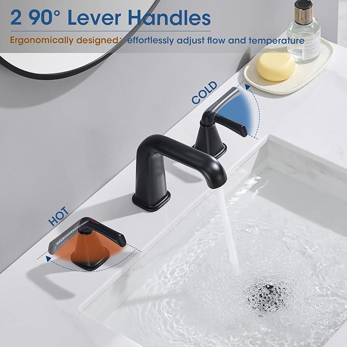 Widespread Bathroom Sink Faucet, Matte Black Bathroom Faucet 3 Hole，Brass Vanity Faucet with Pop Up Drain and 2 Supply Lines - ModernBath