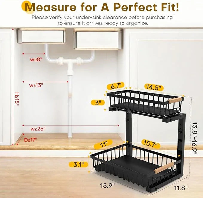 Under Sink Organizer, 2 Tier Pull Out Under-Sink Shelves, Adjustable Height (13.8" -16.9"), Sturdy Metal Storage Organizer for Bathroom Kitchen Pantry Cabinet (2 Packs, Black) - ModernBath