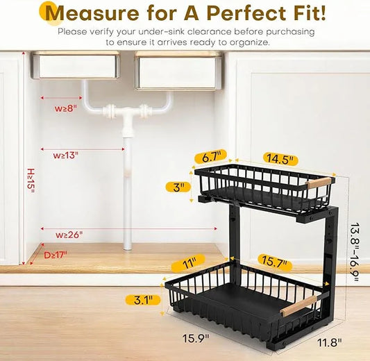 Under Sink Organizer, 2 Tier Pull Out Under-Sink Shelves, Adjustable Height (13.8" -16.9"), Sturdy Metal Storage Organizer for Bathroom Kitchen Pantry Cabinet (2 Packs, Black) - ModernBath