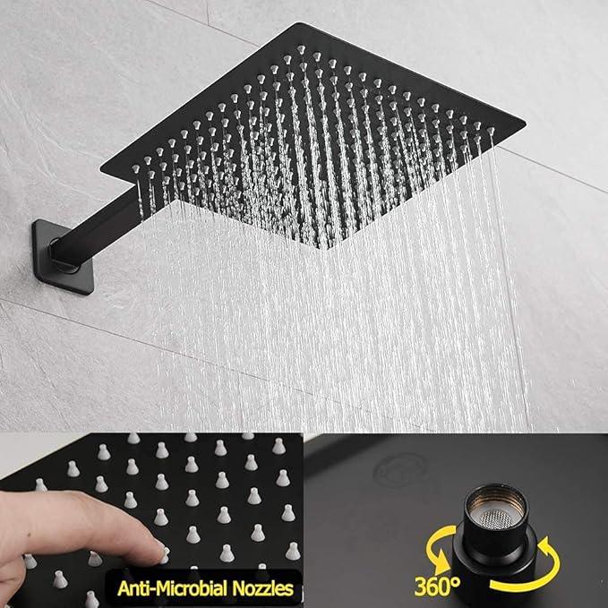 JingGang Matte Black Rain Shower System Tub Shower Faucet Set 12 Inch Square Rainfall Shower Head with Handheld Sprayer and Tub Spout Rough-in Valve Shower Mixer Combo Kit - ModernBath