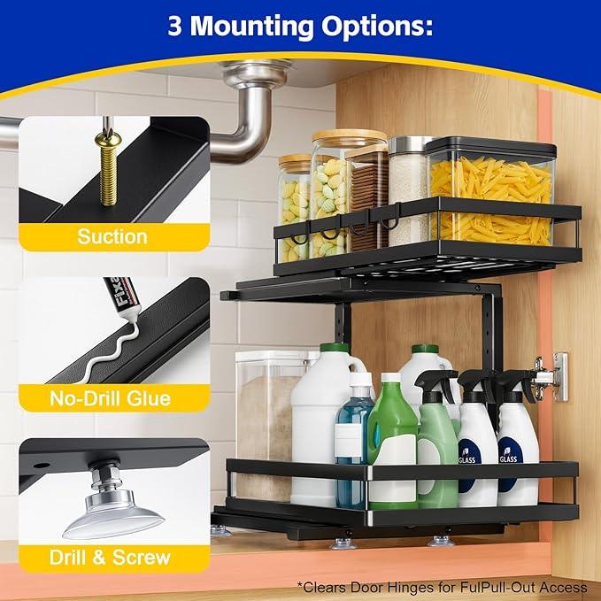 Under Sink Organizer, Dual-Rail Ball-Bearing, Under Kitchen Sink Organizer, 6-Level Adjustable, Under Cabinet Organizer, No-Drill Adhesive/Suction, Under Sink Storage (Matte Black, 2-Pack) - ModernBath