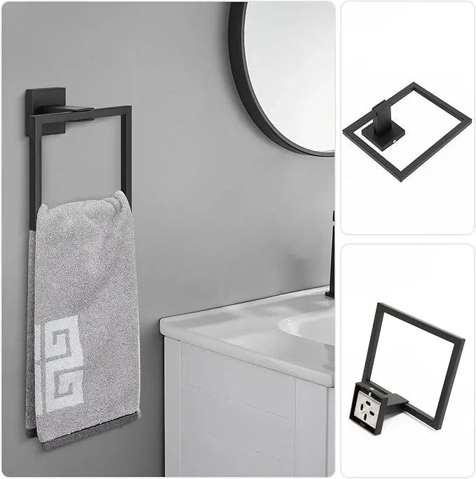 NearMoon 5 Pieces Bathroom Hardware Set 304 Stainless Steel, Square Towel Rack Kit - 24" Towel Rod + Towel Ring + Toilet Paper Holder + 2 Robe Hooks, Wall Mounted Bath Accessories (Matte Black) - ModernBath