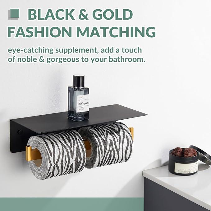 APLusee Double Toilet Paper Holder with Phone Shelf, 304 Stainless Steel Bathroom Tissue Hanger, Wall Mounted Dual Roll Paper Dispenser, Black & Gold - ModernBath