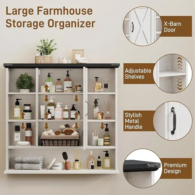 Bathroom Wall Cabinet, Farmhouse Medicine Cabinet with Adjustable Shelves and Barn Doors, Large Wall Mounted Over the Toilet Storage Cabinet for Bathroom, Laundry Room, Kitchen, Rustic White and Black - ModernBath