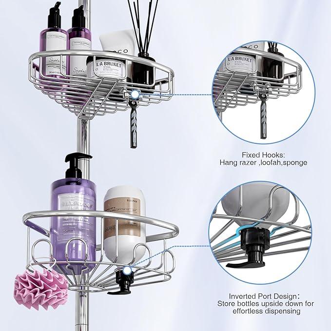 Corner Shower Caddy Tension Pole: Stainless Steel Rustproof 4-Tier Shower Organizer - 47-121 inch Adjustable Bathroom Shelves for Bathtub Shampoo Storage - Tension Rod Floor Standing Bath Rack -Silver - ModernBath