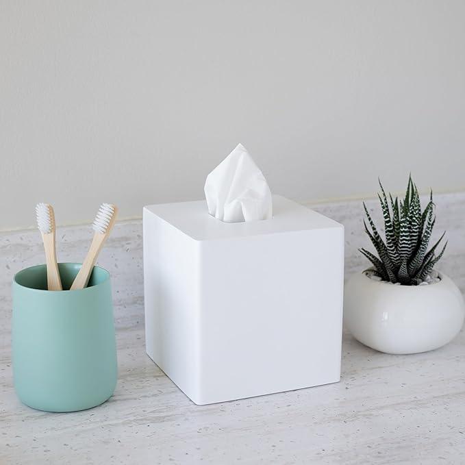 Yew Design Matte White Square Tissue Box Cover, Decorative Tissue Box Dispenser for Bathroom, Parlors, Office, Bedroom Dresser, Vanity Countertop, Nightstand, Car, and Desk - ModernBath