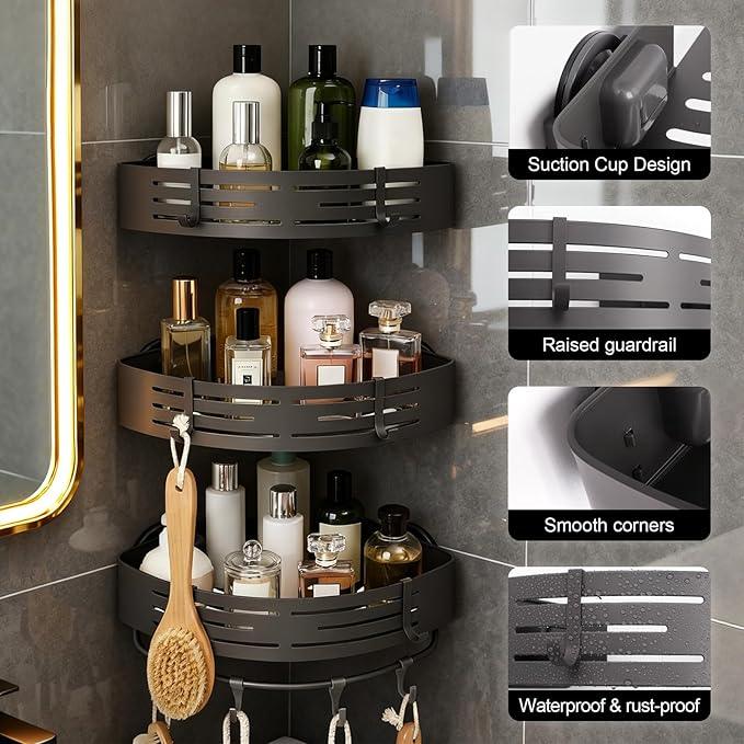 TIMBERHIDE 3-Tier No-Drill Storage Caddy with Hooks&Towel Bar,Organizing Solution for Bathroom,Shower&Kitchen,Holds Shampoos,Soaps,Sponges&Cleaners,Triangle - ModernBath