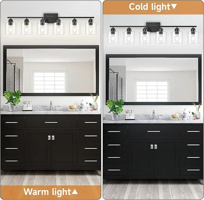 Bath Vanity Lights For Mirror, Restroom Lights Fixtures With Milky White Frosted Glass Shades,Bathroom Over Sink Light Fixtures, Bathroom Light Fixtures Over Mirror (Black with clear glass, 6-Light) - ModernBath