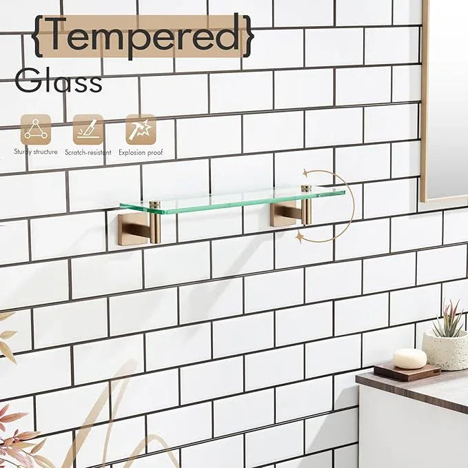 KOKOSIRI Wall Shelves Bathroom Hardware Glass Floating Shelf Small Hanging Rack Storage/Room Decor 16-Inch Champagne Bronze 2 Pack B1105CPG-L16-P2 - ModernBath