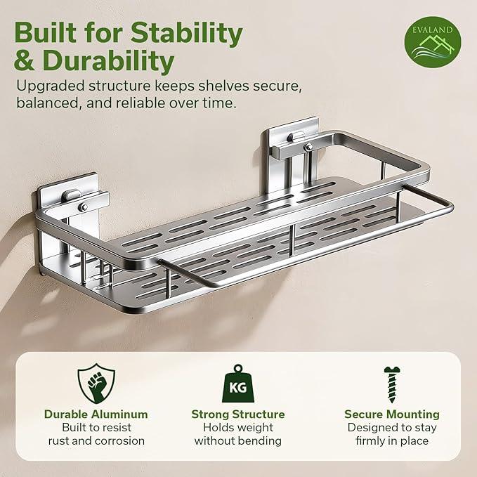 EVALAND Shower Caddy Adhesive 2-Pack with Hooks and Rod for Towels, Silver – Premium Bathroom Shower Shelves, Shampoo Organizer, Bathtub Shelf, Rustproof, Easy Installation, Sturdy Modern Look - ModernBath
