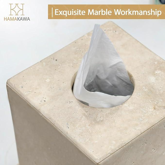 HAMAKAWA Natural Marble Tissue Box Cover, Beige Tissue Organizer 6 x 6 x 6 Inch, Heavy Stone Decorative Box, Square Tissue Box Holder for Home Decor, Kitchen, Bathroom, Bedroom - ModernBath