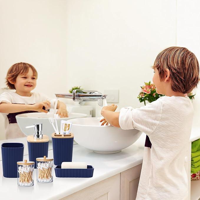XLHOMO Blue Bathroom Set - Navy Blue Bathroom Accessories Set with with Trash Can,Toothbrush Holder,Toothbrush Cup,Soap Dispenser,Tray,Soap Dish,Toilet Brush,Qtip Holders for Bathroom Home Decor - ModernBath