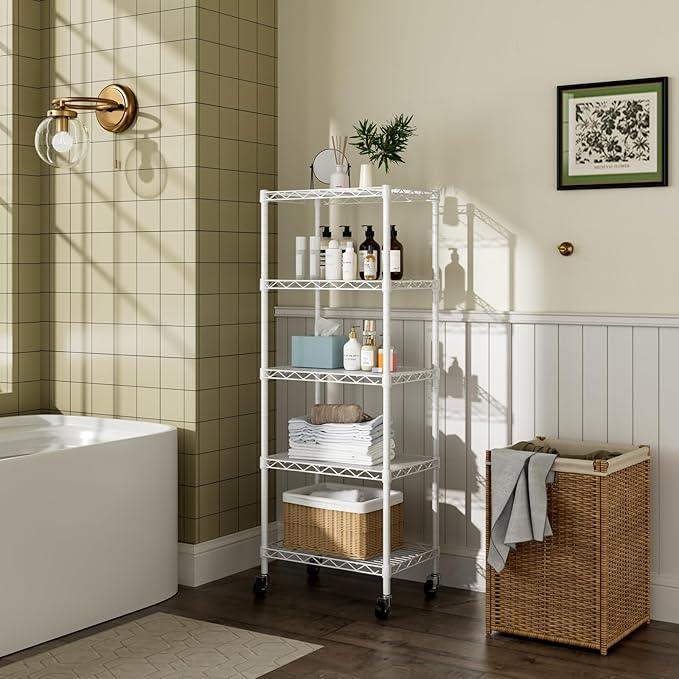 Small 5 Tier Shelves Storage Wire Shelving Unit Metal Shelf Adjustable Organizers Storage Shelving with Wheels for Bathroom Laundry Room Kitchen Pantry12”D x 18”W x 57.2”H White - ModernBath