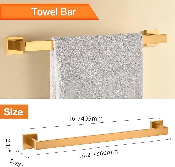 Bathroom Towel Bar Set 5 Pieces Brushed Gold Modern Bathroom Hardware Accessories Set Wall Mounted Include 16-InchTowel Bar,Towel Rack,Toilet Paper Holder with Shelf,Towel Robe Hook - ModernBath