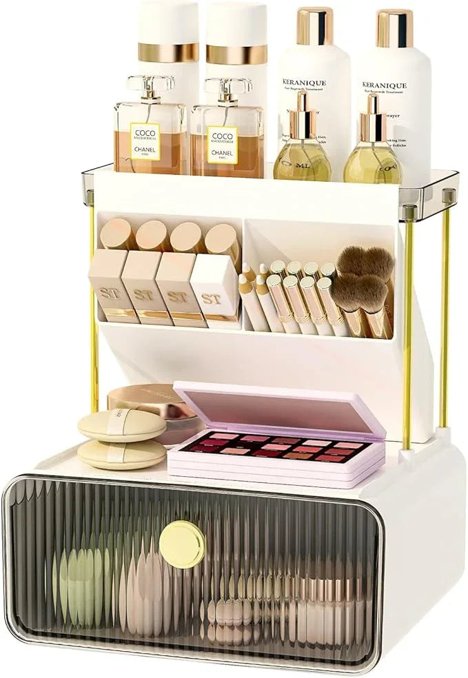 FOLLOWIN Bathroom Counter Organizers and Storage with Drawer,Cosmetic Organizer with Make Up Brush Holder,Perfume Makeup Shelf,3-Tier Vanity Storage,Smoky Gray - ModernBath